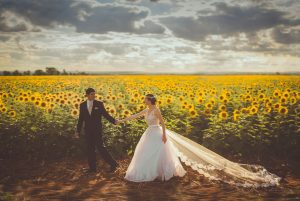 Photograph of bride and groom in a field of sunflowers